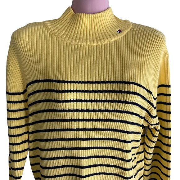 Tommy Hilfiger Sweater Womens Large Yellow Black Striped Ribbed Pullover Cotton - Picture 3 of 8